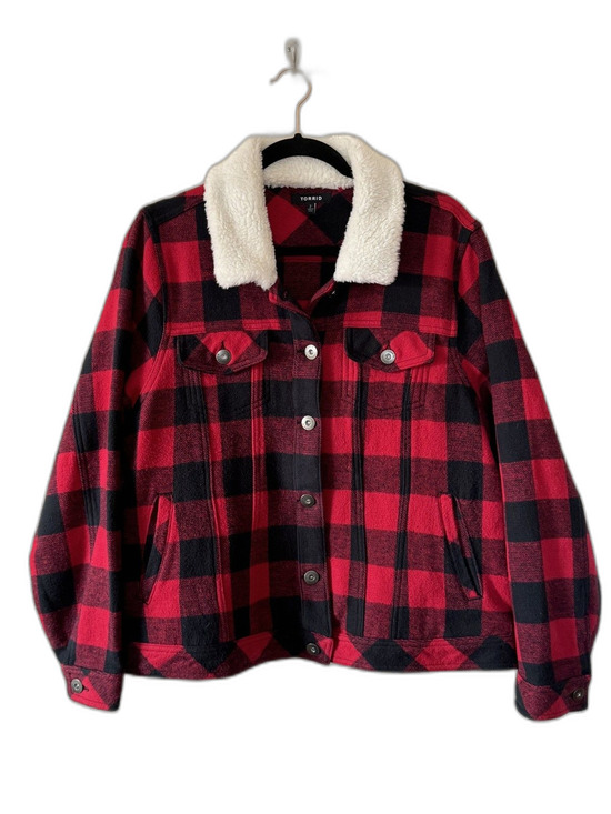 torrid Jackets & Blazers - TORRID Buffalo Plaid Moto/Trucker Jacket Womens 2XL Red Cropped Coat 100% Cotton